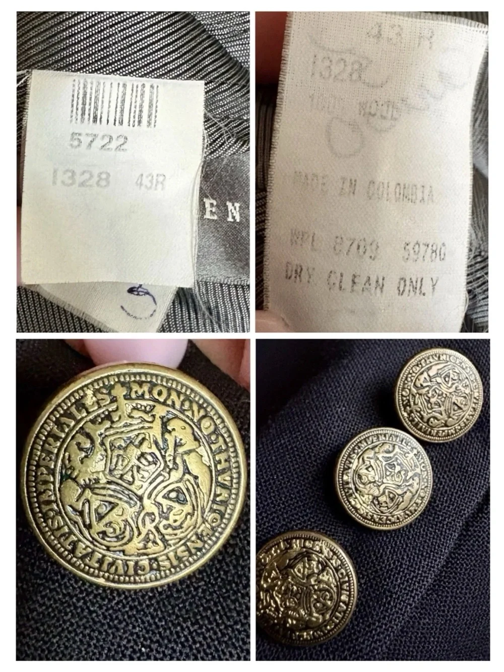 VTG OSCAR DE LA RENTA 43R Sport Coat Blazer BLK Gold Crest Buttons Ventless 90s